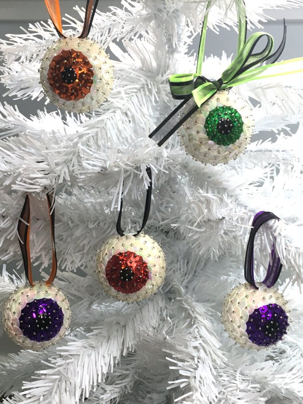 Christmas Eyeball Ornament Glam Sparkle Sequin Beaded Halloween OOAK Purple